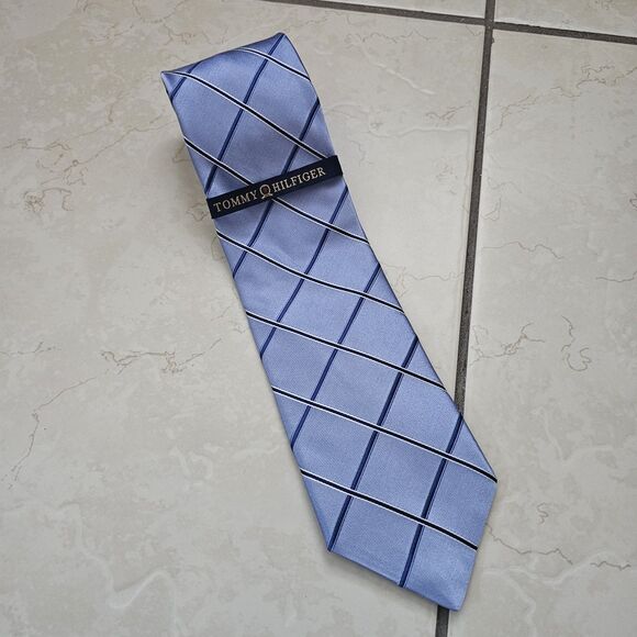 Tommy Hilfiger Blue & Black Cross Stripe Tie 100% Silk Made in USA NWT Emblem - Picture 1 of 9